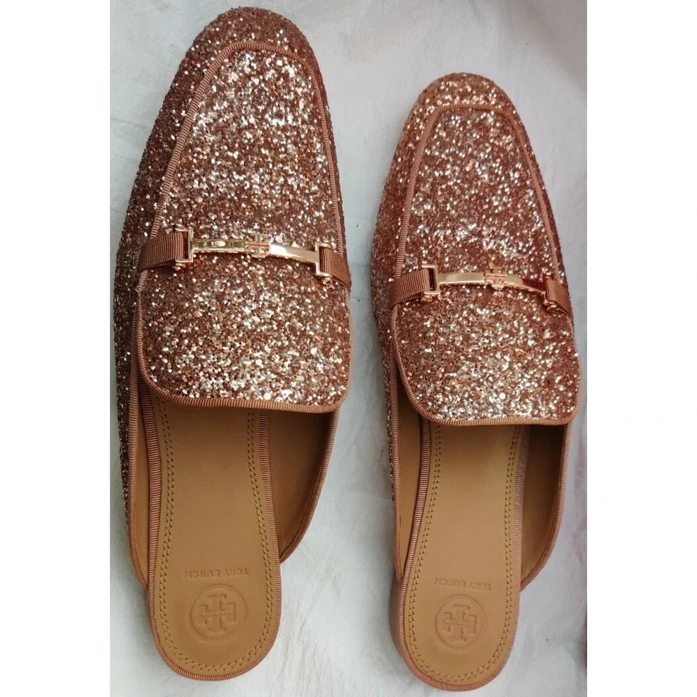 NEW Tory Burch Amelia‎ Backless Loafer Glitter Rose Gold Size 11 M